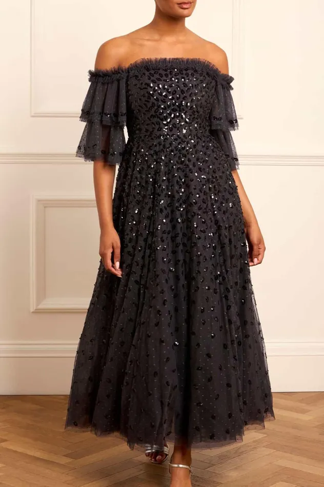 Autumn Leaves OffShoulder Ankle Gown Black Women Needle and Thread Dresses