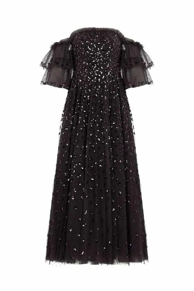 Autumn Leaves OffShoulder Ankle Gown Black Women Needle and Thread Dresses