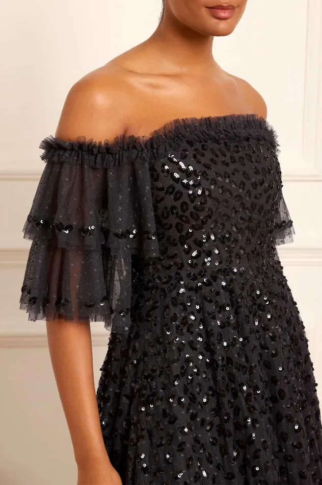 Autumn Leaves OffShoulder Ankle Gown Black Women Needle and Thread Dresses