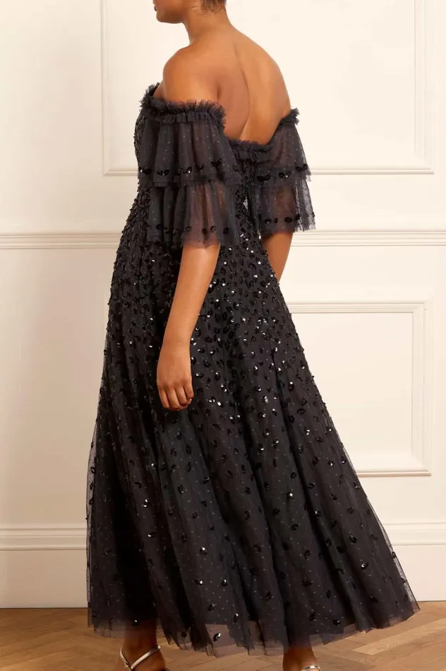 Autumn Leaves OffShoulder Ankle Gown Black Women Needle and Thread Dresses