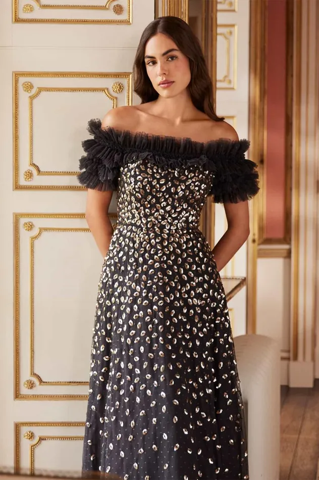Autumn Leaves OffShoulder Ballerina Dress Black Women Needle and Thread Dresses