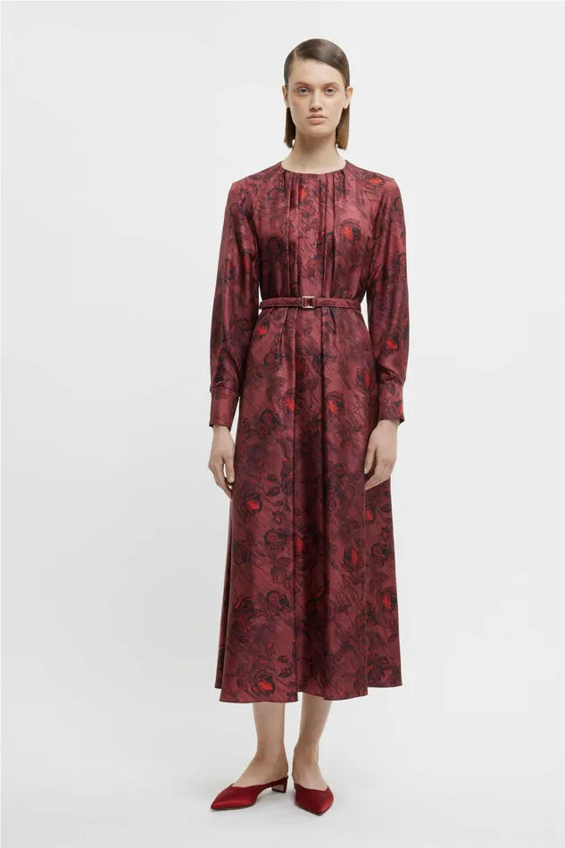 Bahiti Dress In Red Rose On Marble Print Silk Twill Women Dresses Emilia Wickstead