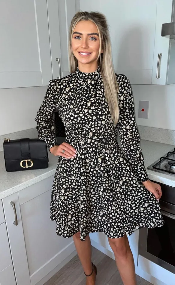 Beant Black Floral High Neck Skater Dress Women Missfiga Skater Dresses