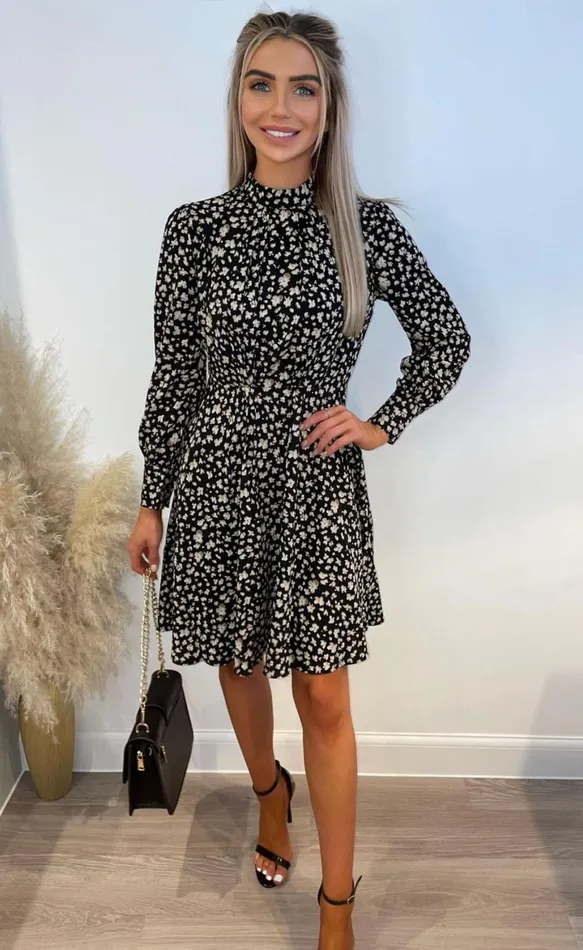 Beant Black Floral High Neck Skater Dress Women Missfiga Skater Dresses