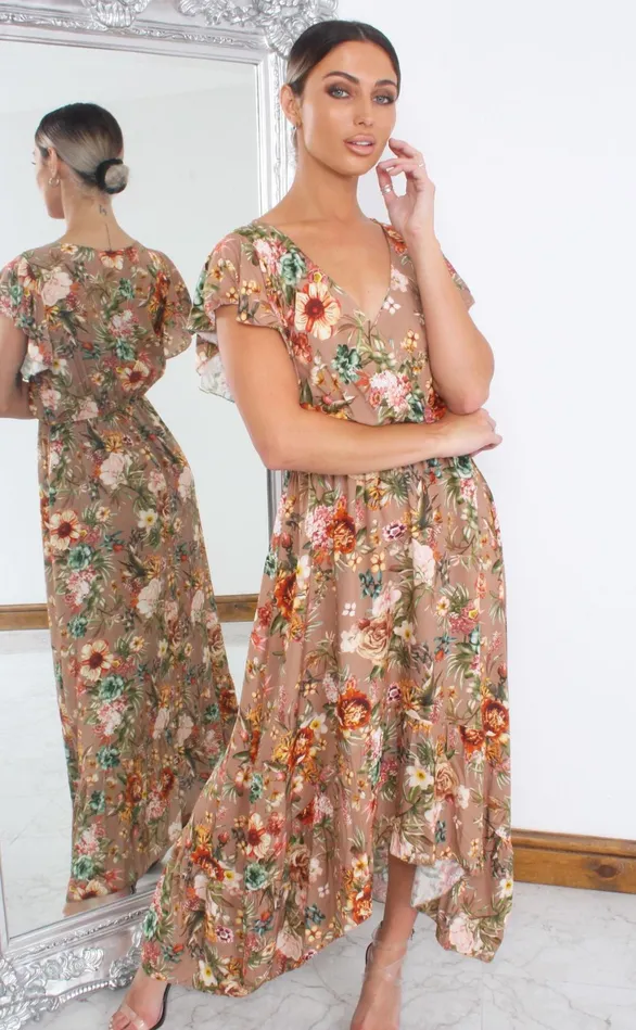 Beverly Beige Floral Wrap Dipped Hem Ruffle Skater Dress Women Missfiga Wrap Dresses