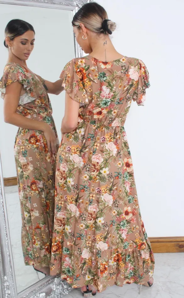 Beverly Beige Floral Wrap Dipped Hem Ruffle Skater Dress Women Missfiga Wrap Dresses
