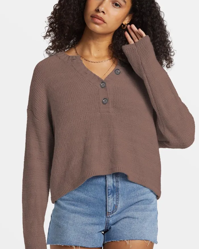 Billabong Sweaters Shallow Waters Henley Sweater Kona 8211 Women Billabong Sweaters Shallow Waters Henley Sweater Kona 8211 Women