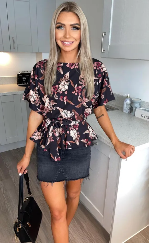 Black Floral Ruby Batwing Peplum Top Women Missfiga Tops
