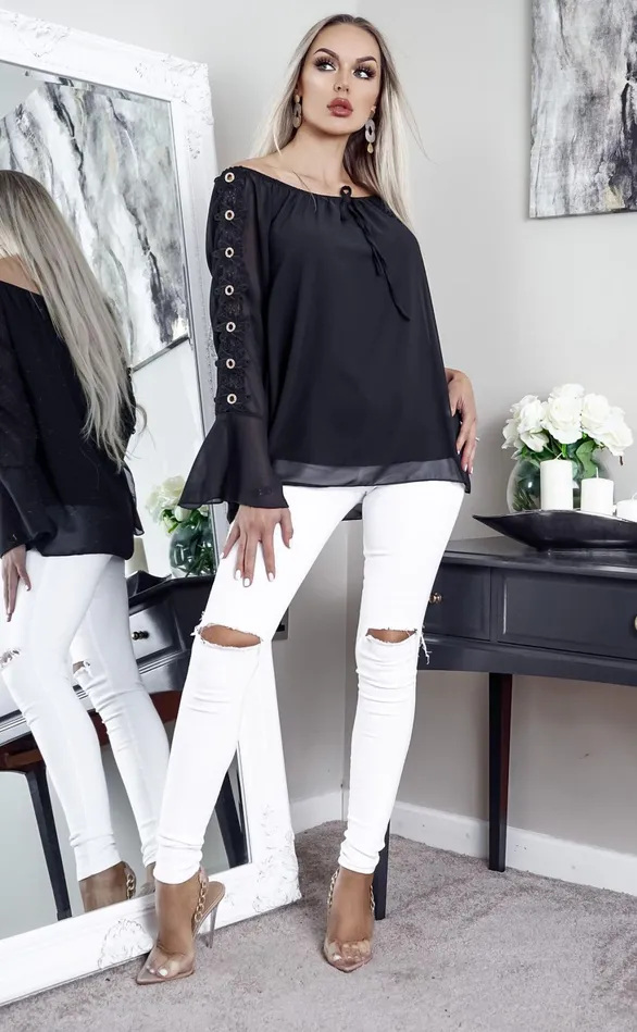 Black Odessa Off The Shoulder Laser Cut Top Women Missfiga Tops Black Odessa Off The Shoulder Laser Cut Top Women Missfiga Tops