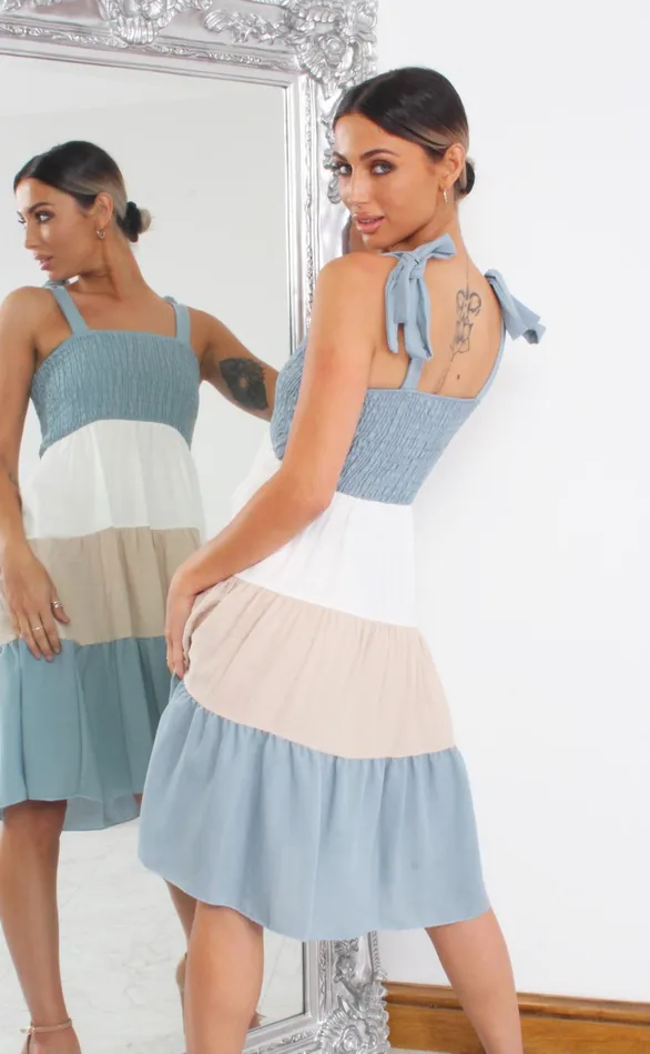 Blue Shirred Colour Block Tiered Shift Dress Women Missfiga Skater Dresses