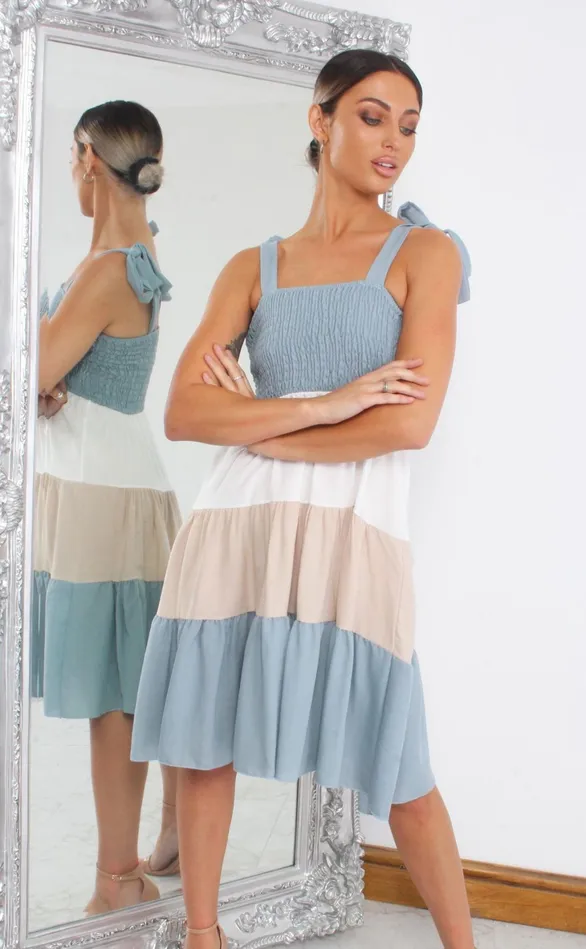 Blue Shirred Colour Block Tiered Shift Dress Women Missfiga Skater Dresses