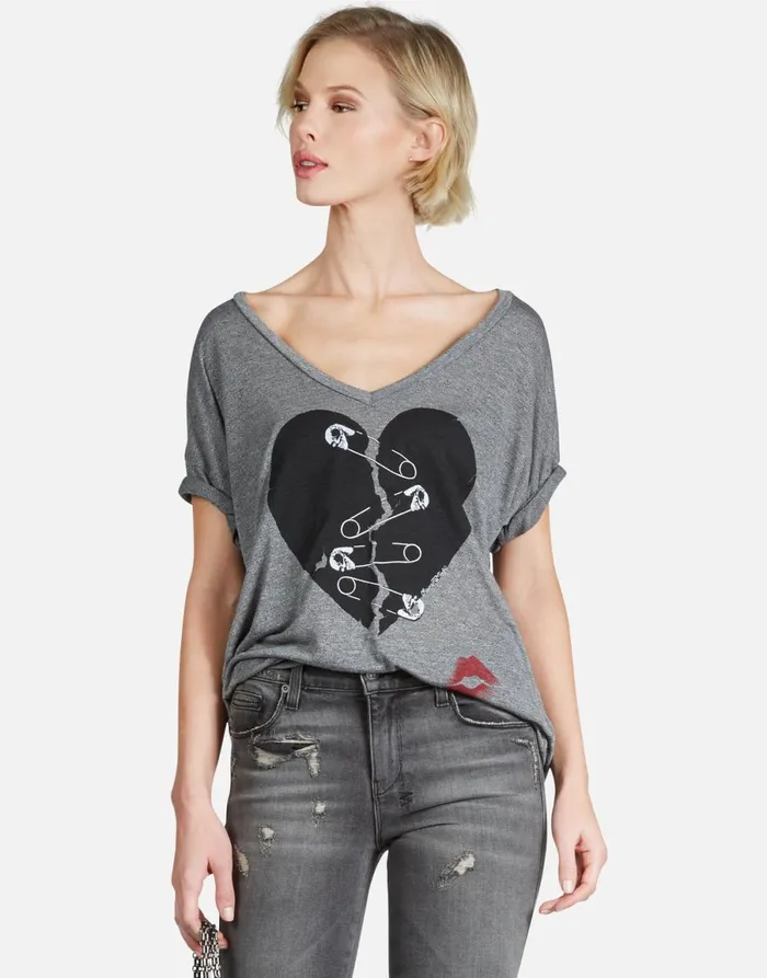 Brixton Safety Pin Heart Heather Grey Women039s Lauren Moshi Short Sleeve