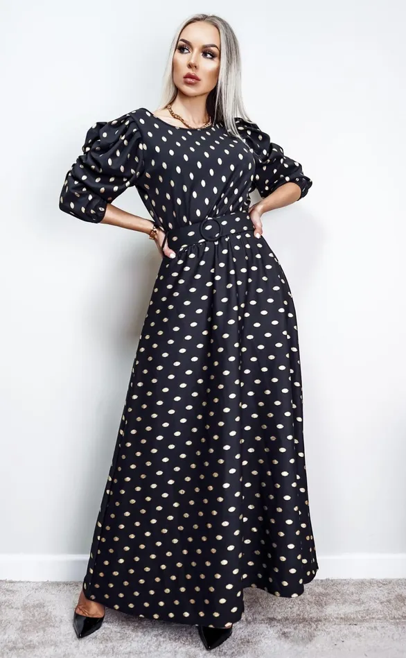 Brooklynn Black Metallic Polka Dot Puff Sleeve Belted Maxi Dress Women Missfiga Maxi Dresses