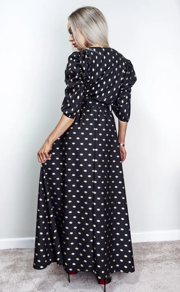 Brooklynn Black Metallic Polka Dot Puff Sleeve Belted Maxi Dress Women Missfiga Maxi Dresses