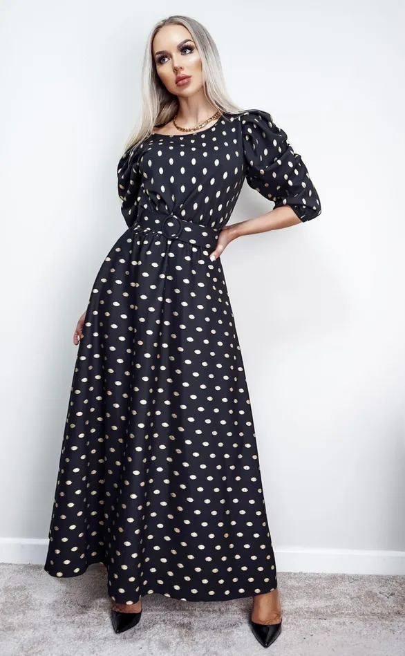 Brooklynn Black Metallic Polka Dot Puff Sleeve Belted Maxi Dress Women Missfiga Maxi Dresses