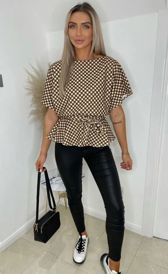 Brown Gingham Ruby Batwing Peplum Top Women Missfiga Tops
