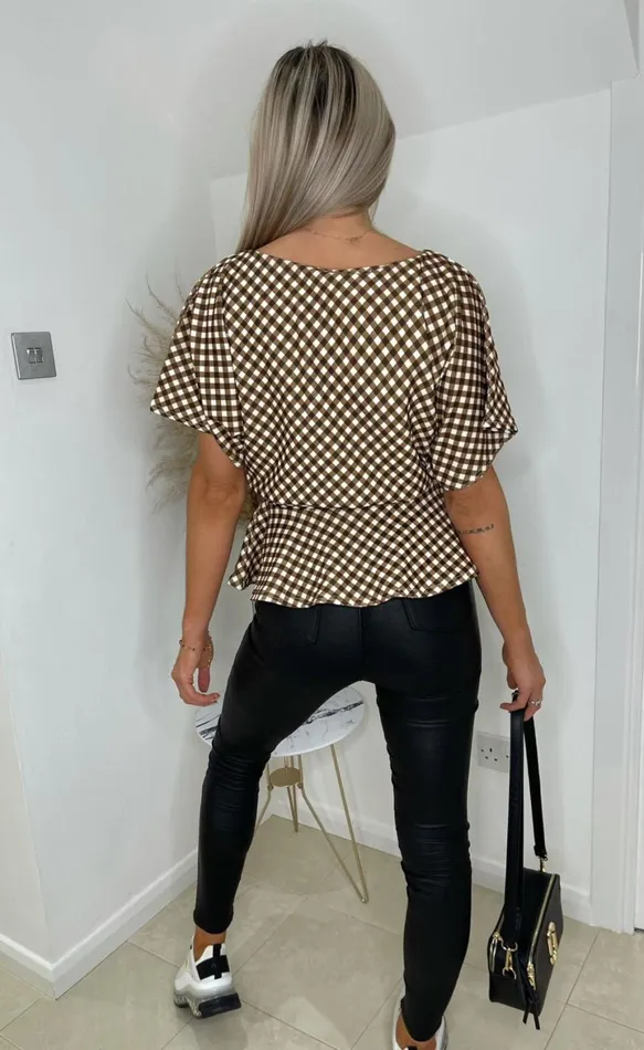 Brown Gingham Ruby Batwing Peplum Top Women Missfiga Tops