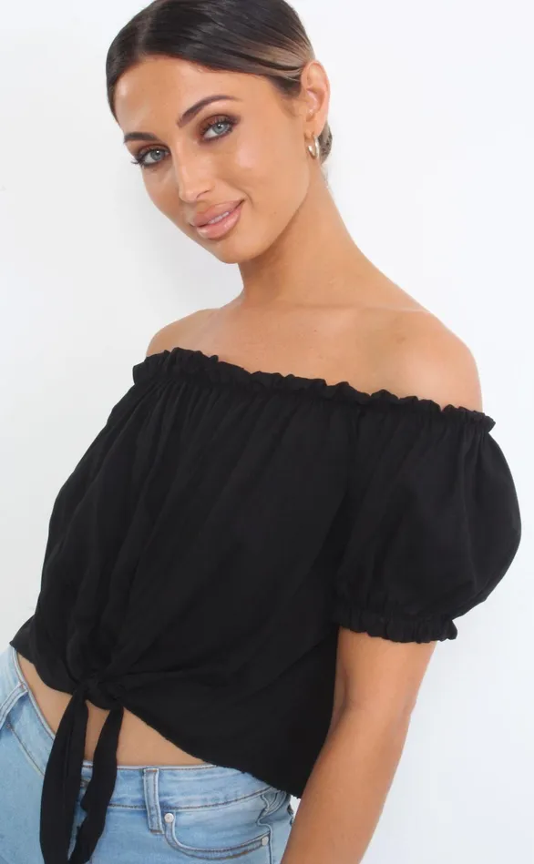 Chai Black Bardot Tie Detail Top Women Missfiga Tops
