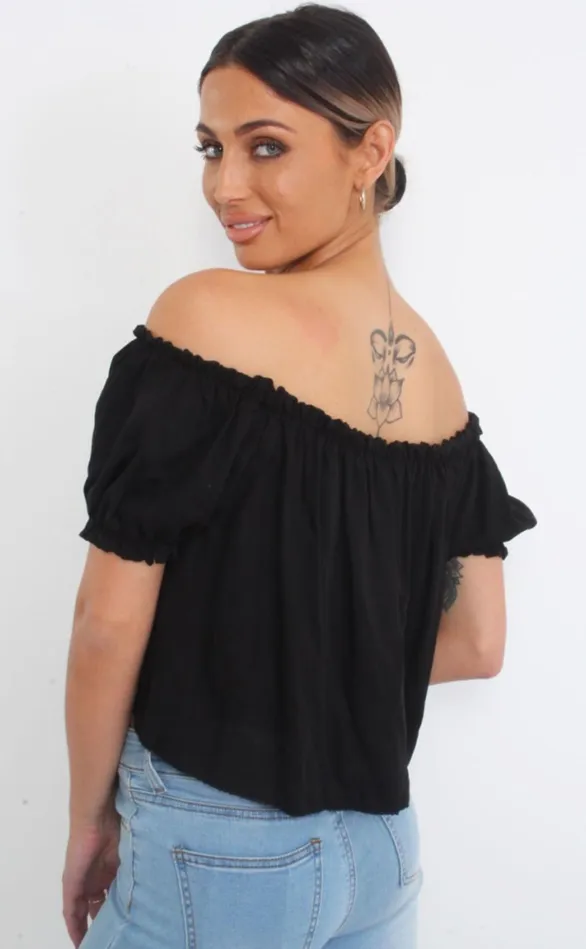 Chai Black Bardot Tie Detail Top Women Missfiga Tops