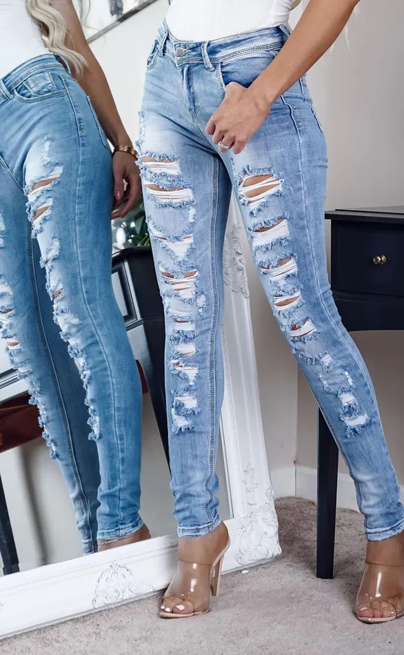 Charly Mid Blue Waisted Multi Ripped Skinny Jeans Women Missfiga Ripped Jeans