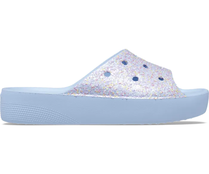 Classic Platform Glitter Slide Blue Calcite Multi Women Crocs Sandals