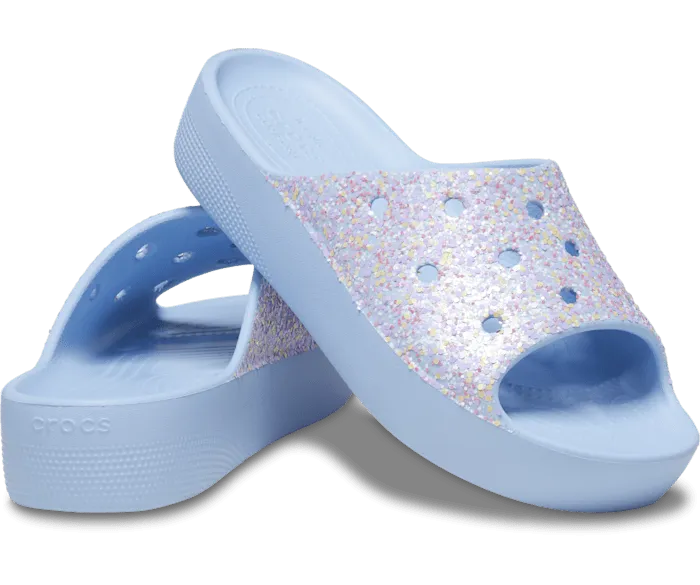 Classic Platform Glitter Slide Blue Calcite Multi Women Crocs Sandals
