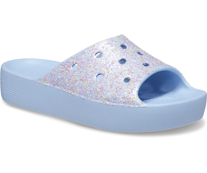 Classic Platform Glitter Slide Blue Calcite Multi Women Crocs Sandals