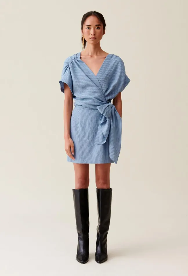 Claudie Pierlot Blue Stripe Wrap Mini Dress Sky Blue Women Dresses Claudie Pierlot Blue Stripe Wrap Mini Dress Sky Blue Women Dresses