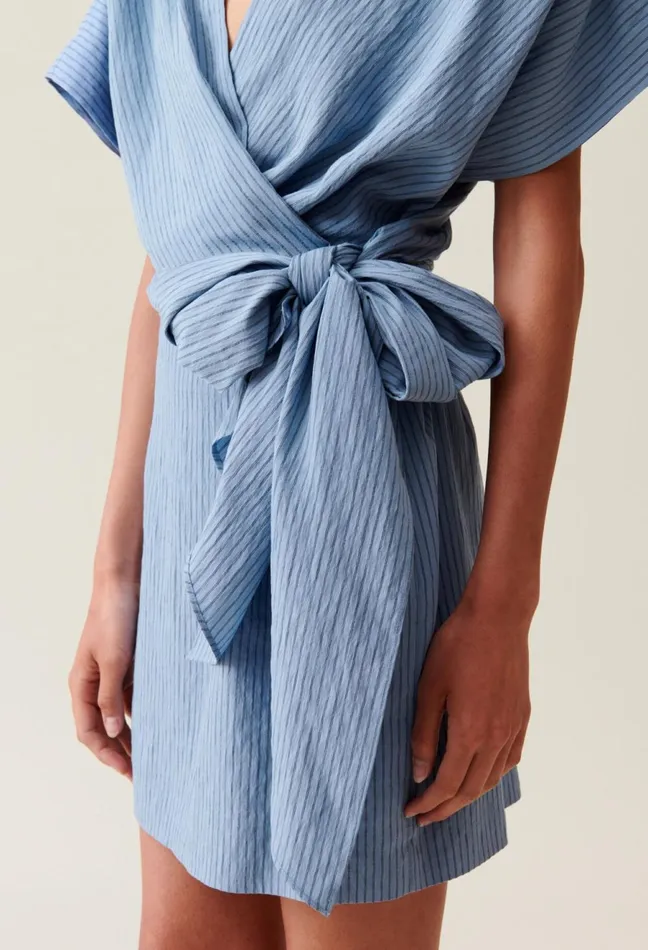 Claudie Pierlot Blue Stripe Wrap Mini Dress Sky Blue Women Dresses Claudie Pierlot Blue Stripe Wrap Mini Dress Sky Blue Women Dresses