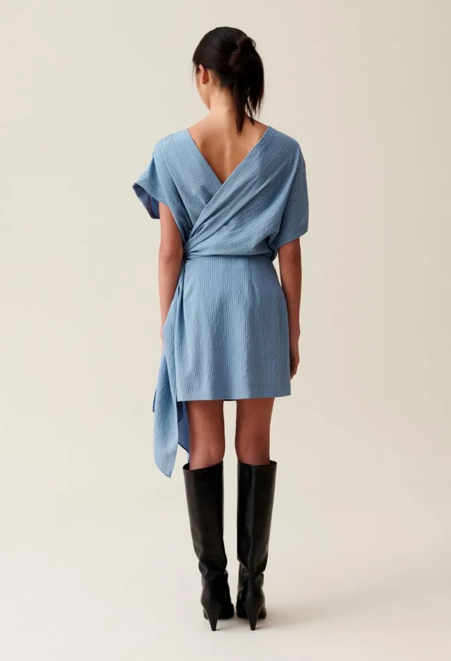 Claudie Pierlot Blue Stripe Wrap Mini Dress Sky Blue Women Dresses Claudie Pierlot Blue Stripe Wrap Mini Dress Sky Blue Women Dresses