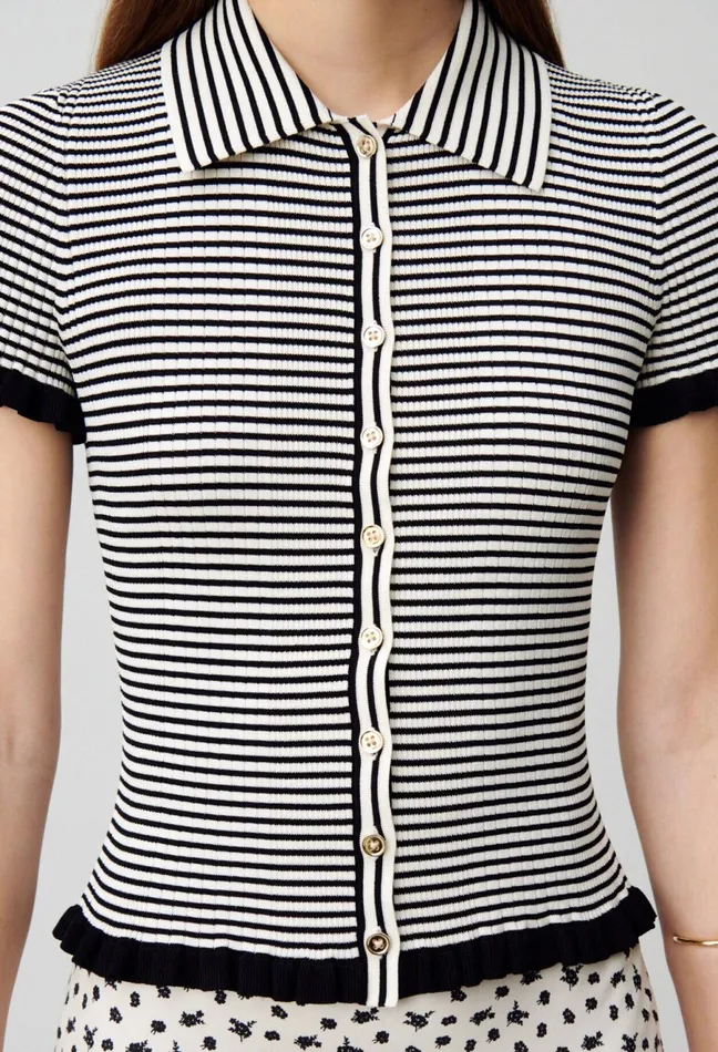 Claudie Pierlot Buttoned Striped Polo Top Ecru Women Tops And Shirts Claudie Pierlot Buttoned Striped Polo Top Ecru Women Tops And Shirts