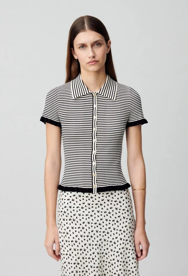 Claudie Pierlot Buttoned Striped Polo Top Ecru Women Tops And Shirts Claudie Pierlot Buttoned Striped Polo Top Ecru Women Tops And Shirts