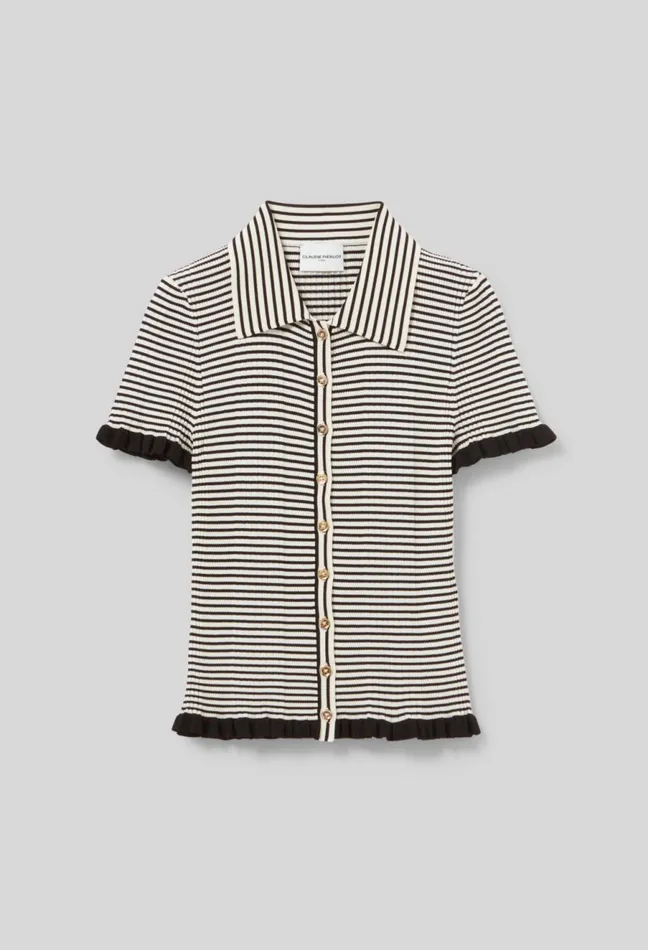 Claudie Pierlot Buttoned Striped Polo Top Ecru Women Tops And Shirts Claudie Pierlot Buttoned Striped Polo Top Ecru Women Tops And Shirts