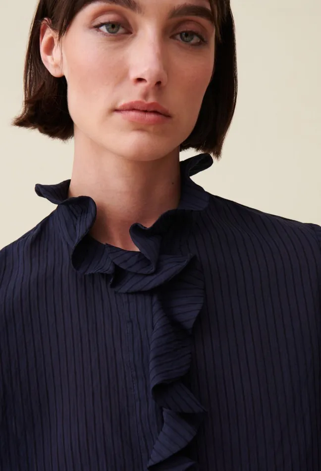 Claudie Pierlot Dark Blue Striped Ruffled Blouse Navy Women Tops And Shirts