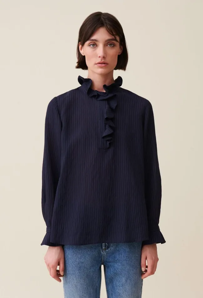 Claudie Pierlot Dark Blue Striped Ruffled Blouse Navy Women Tops And Shirts