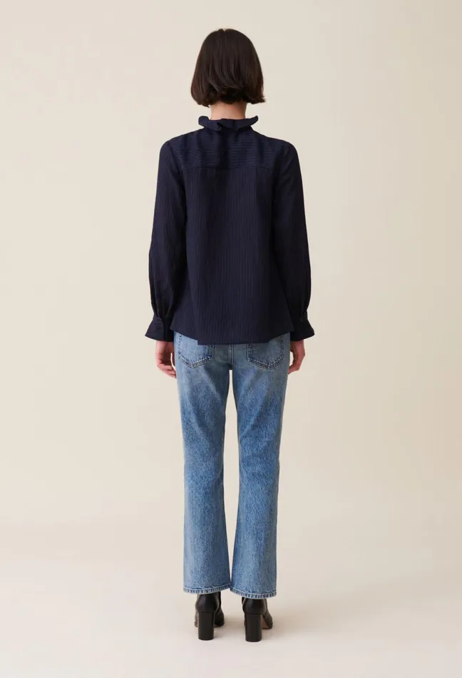 Claudie Pierlot Dark Blue Striped Ruffled Blouse Navy Women Tops And Shirts
