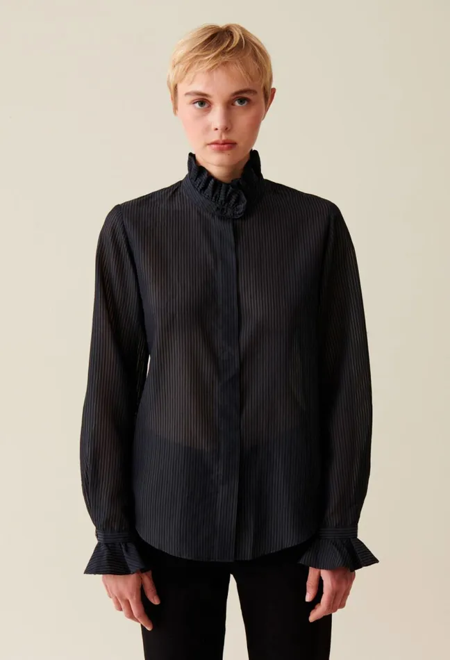 Claudie Pierlot Flowy Ruffle Collar Striped Shirt Black Women Tops And Shirts Claudie Pierlot Flowy Ruffle Collar Striped Shirt Black Women Tops And Shirts