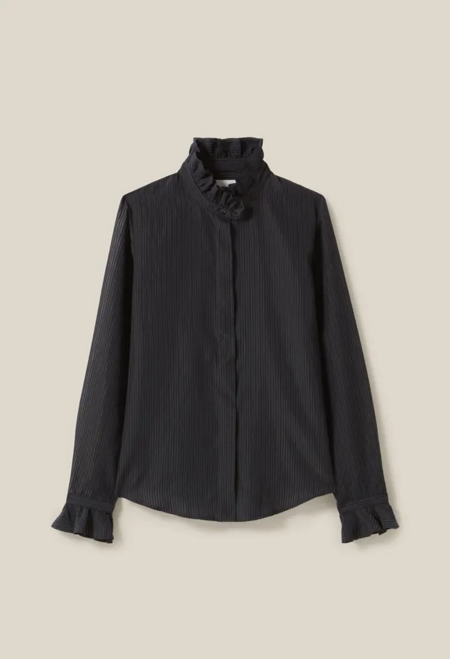 Claudie Pierlot Flowy Ruffle Collar Striped Shirt Black Women Tops And Shirts Claudie Pierlot Flowy Ruffle Collar Striped Shirt Black Women Tops And Shirts