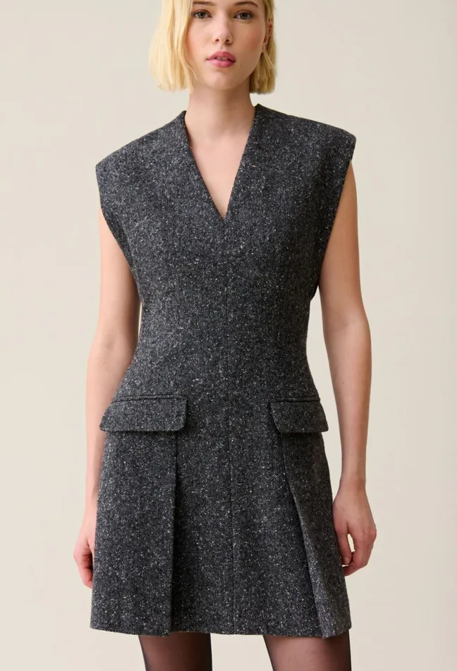 Claudie Pierlot Grey Fitted Tweed Suit Dress Mottled Grey Women Dresses