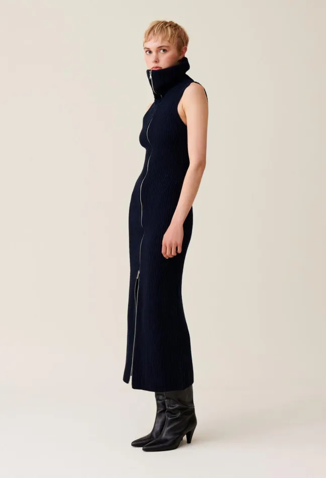 Claudie Pierlot High Neck Zip Knit Dress China Blue Women Dresses