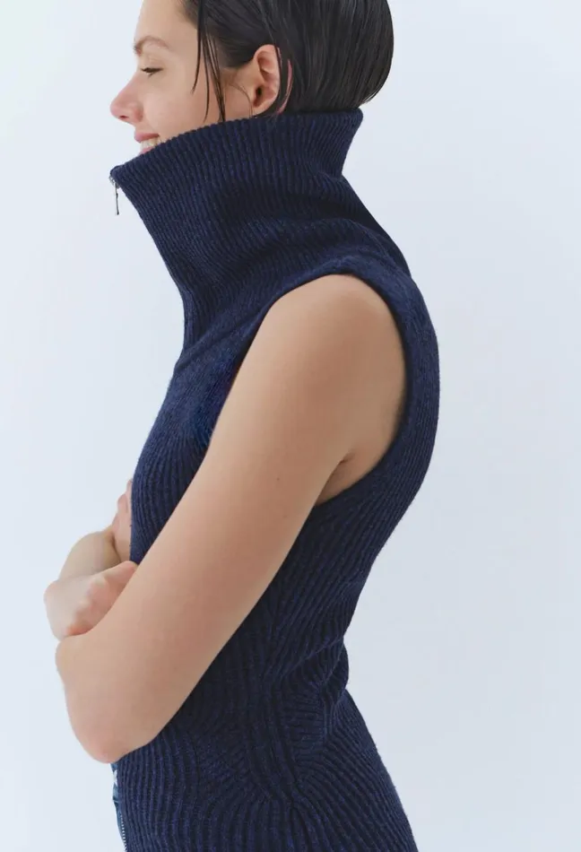 Claudie Pierlot High Neck Zip Knit Dress China Blue Women Dresses