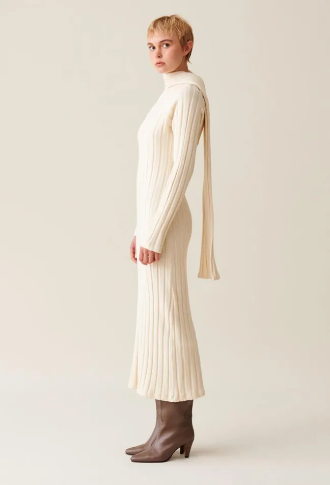 Claudie Pierlot Long Knitted Dress With Tie Scarf Ivory Women Dresses