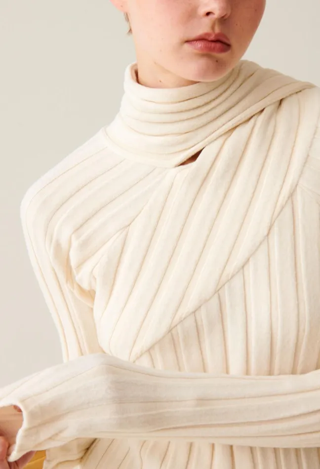 Claudie Pierlot Long Knitted Dress With Tie Scarf Ivory Women Dresses