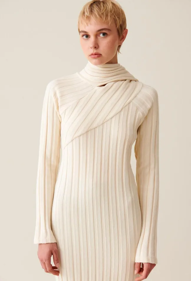 Claudie Pierlot Long Knitted Dress With Tie Scarf Ivory Women Dresses
