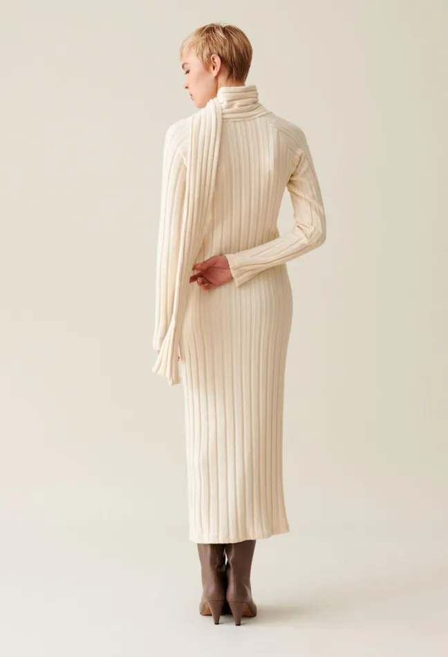 Claudie Pierlot Long Knitted Dress With Tie Scarf Ivory Women Dresses