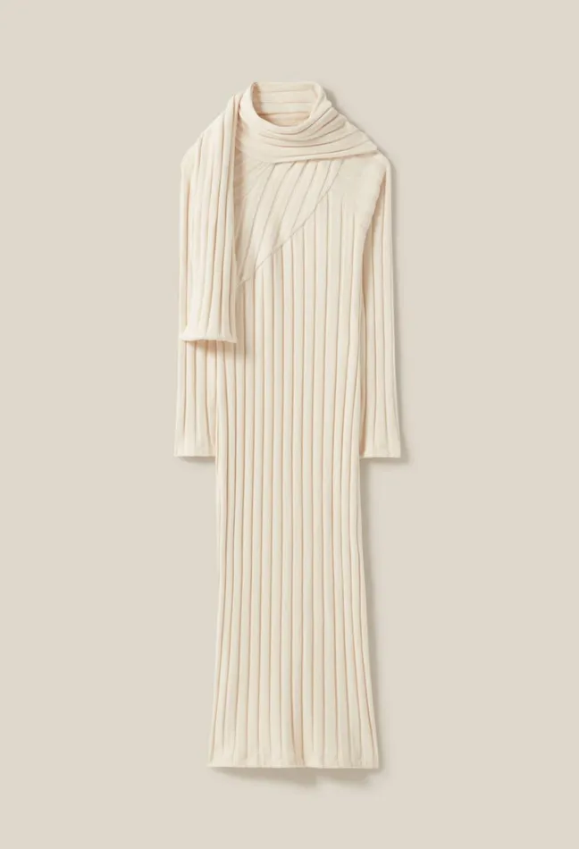 Claudie Pierlot Long Knitted Dress With Tie Scarf Ivory Women Dresses