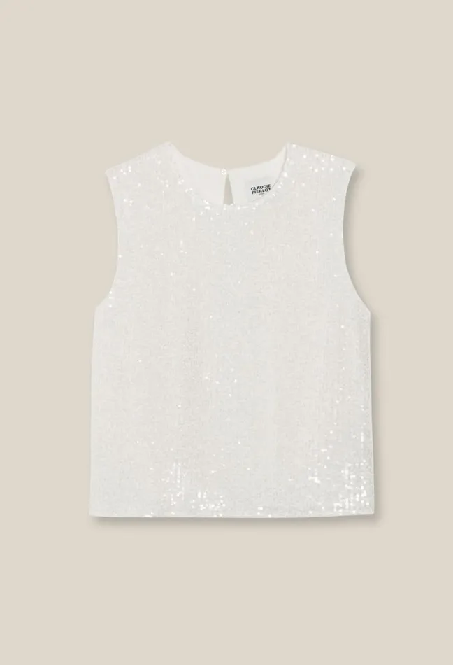 Claudie Pierlot OffWhite Sequinned Sleeveless Top Ecru Women Tops And Shirts Claudie Pierlot OffWhite Sequinned Sleeveless Top Ecru Women Tops And Shirts