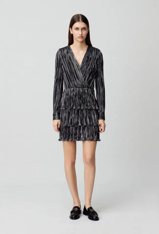Claudie Pierlot Short Silver Ruffled Dress Black Women Dresses