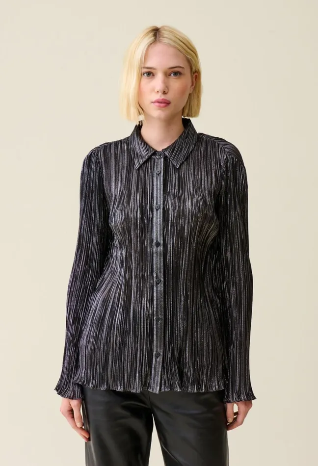Claudie Pierlot Silver Pleated Fluid Blouse Black Women Tops And Shirts