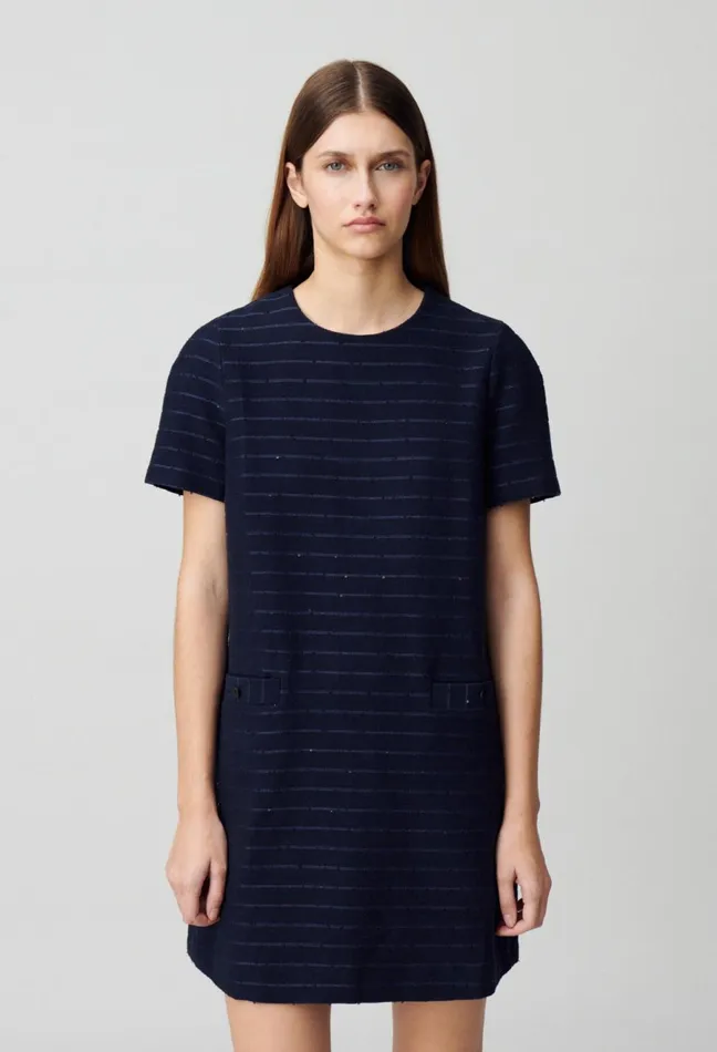 Claudie Pierlot Striped Straight Short Dress Navy Women Dresses Claudie Pierlot Striped Straight Short Dress Navy Women Dresses